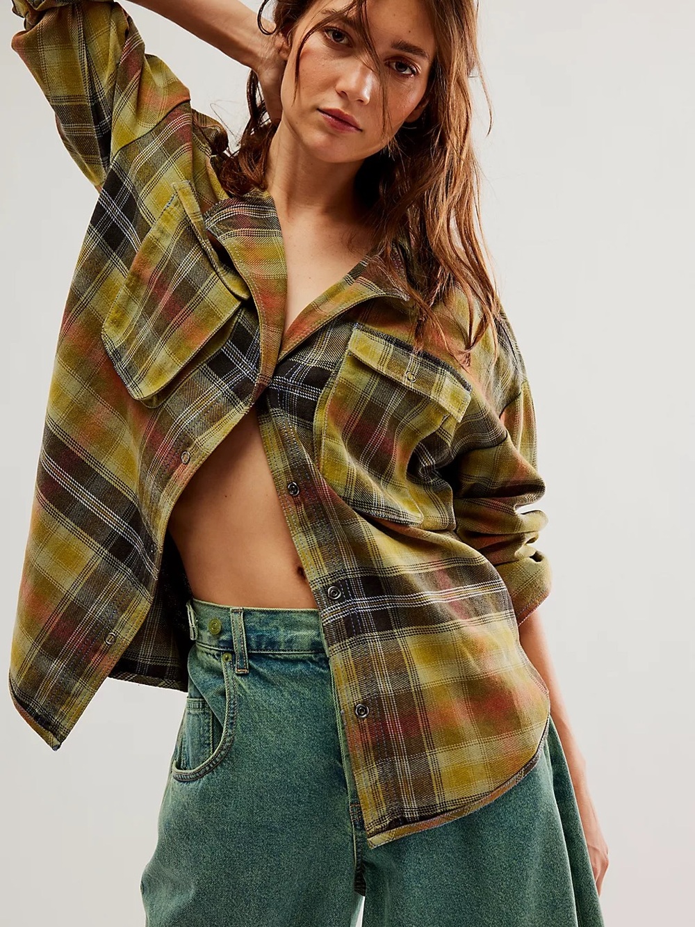 Free People Izzie Cargo Olive Green Plaid Flannel